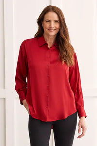 T Flowy Satin Button up Shirt: Red