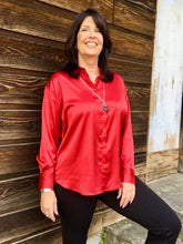 Load image into Gallery viewer, T Flowing Satin Button up Shirt: Red, Powell River, BC
